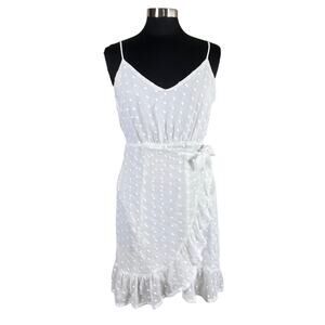 Gianni Bini White Swiss Dot Faux Wrap Sundress Large Ruffled Hemline Fairy Boho
